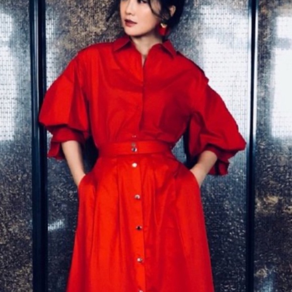 Maje Red Calix Cotton Button Down Blouse - Picture 3 of 12